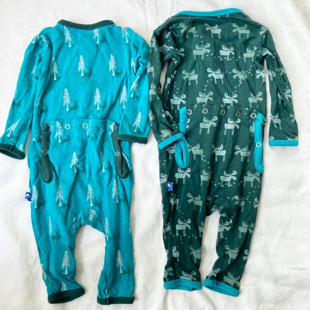 💙2/$25 Kickee Pants Newborn Baby Blue Green Moose Trees Button Sleepers - Picture 4 of 5